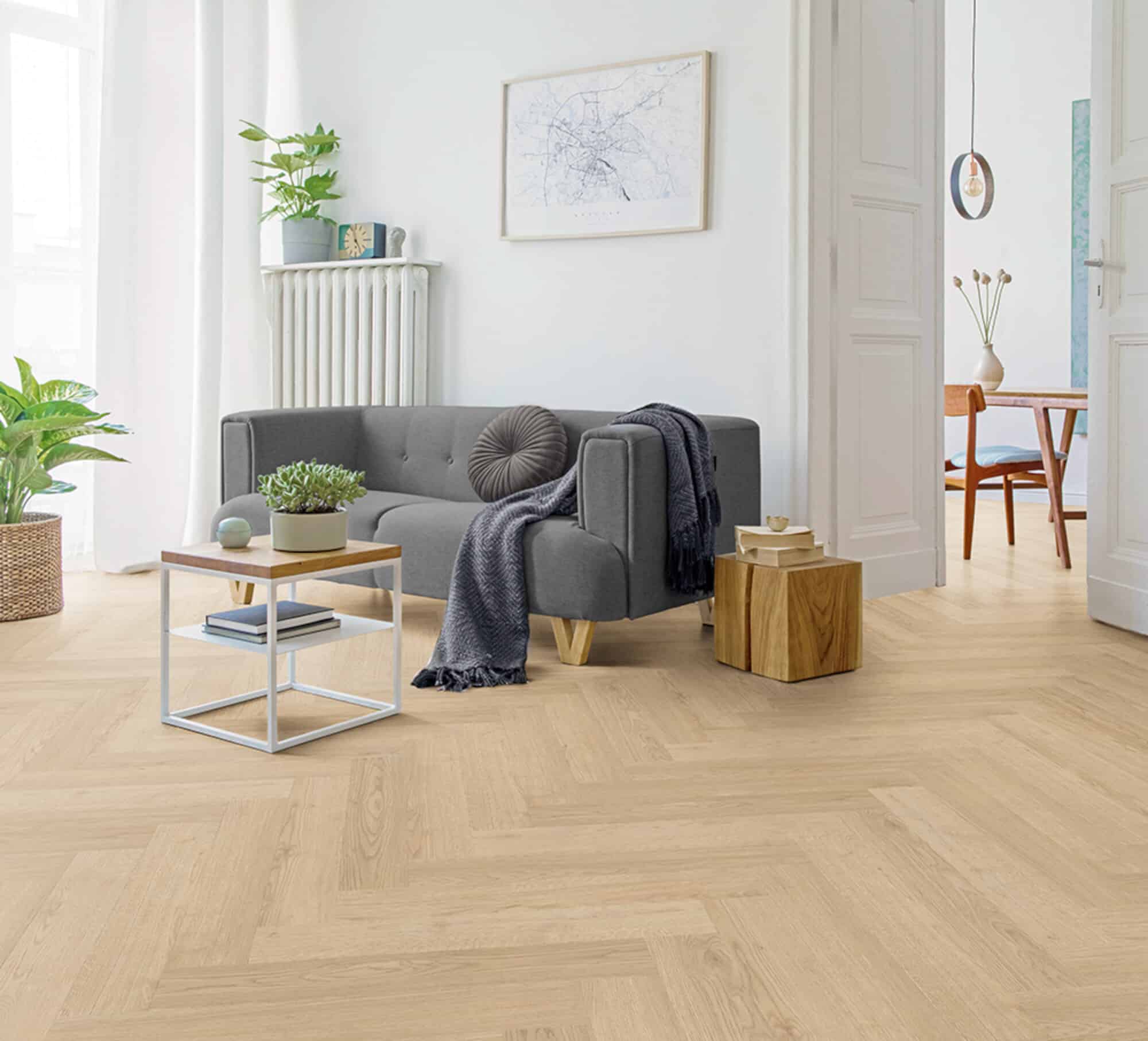 Stylish scandinavian living room with design mint sofa, furnitur