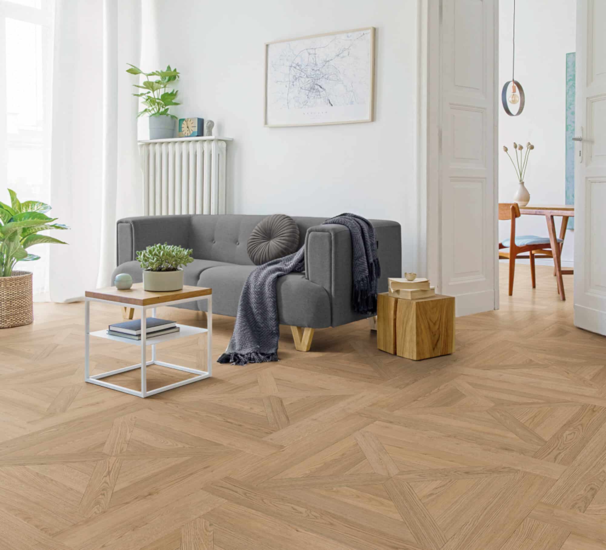 Stylish scandinavian living room with design mint sofa, furnitur