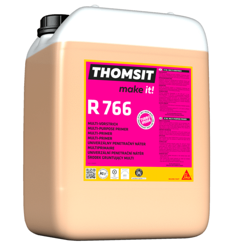 Ein Kanister mit dem Produkt THOMSIT R 766, einem multifunktionalen Grundierungsanstrich. Der Kanister hat eine rosa und gelbe Etikettierung mit Informationen über die Anwendung und Eigenschaften des Produkts.