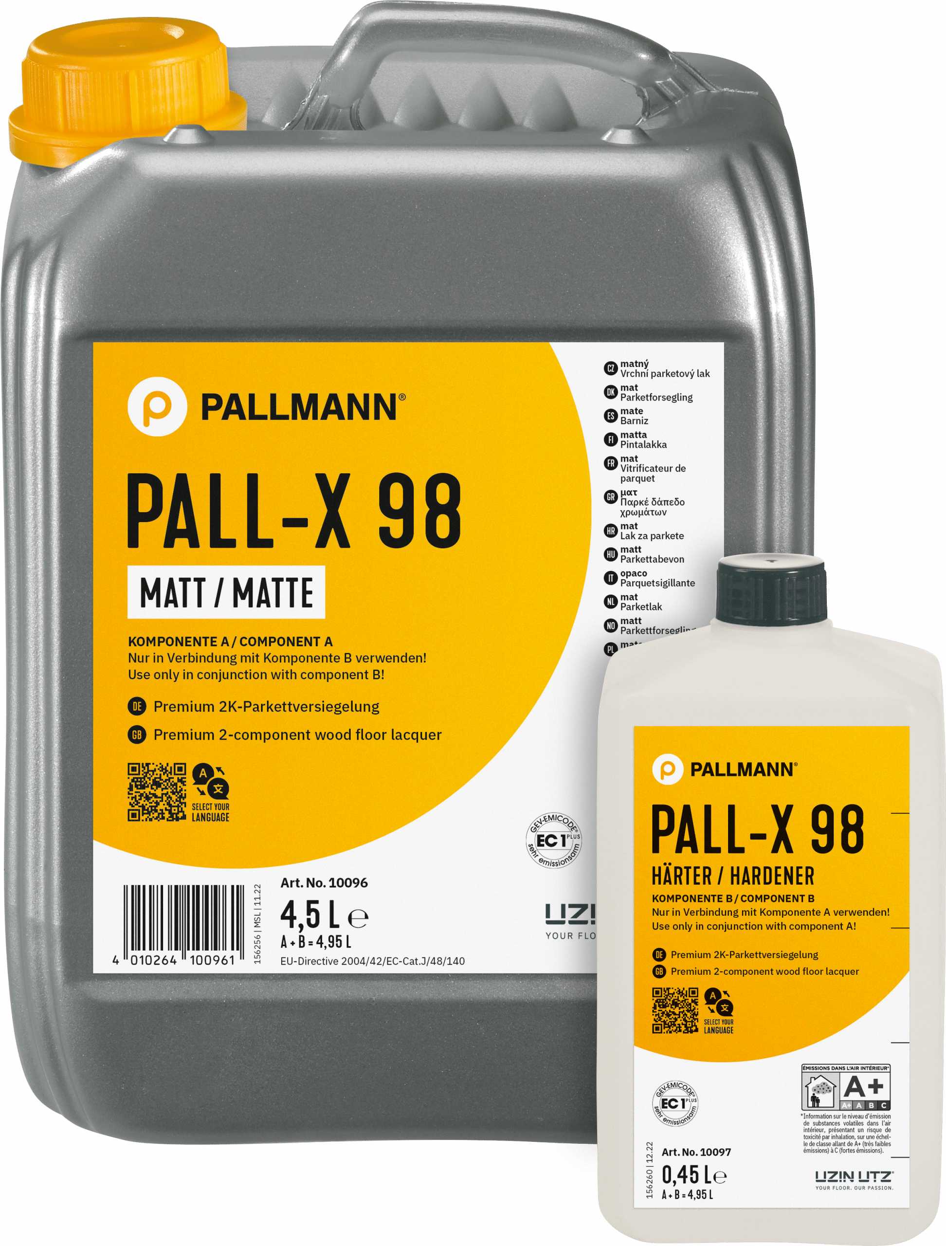 Produktabbildung von PALL-X 98, einem Premium 2-Komponenten-Parkettlack, bestehend aus einem großen Behälter mit 4,5 Litern und einer kleineren Flasche Härter. Beide Verpackungen sind in silberner und gelber Gestaltung.