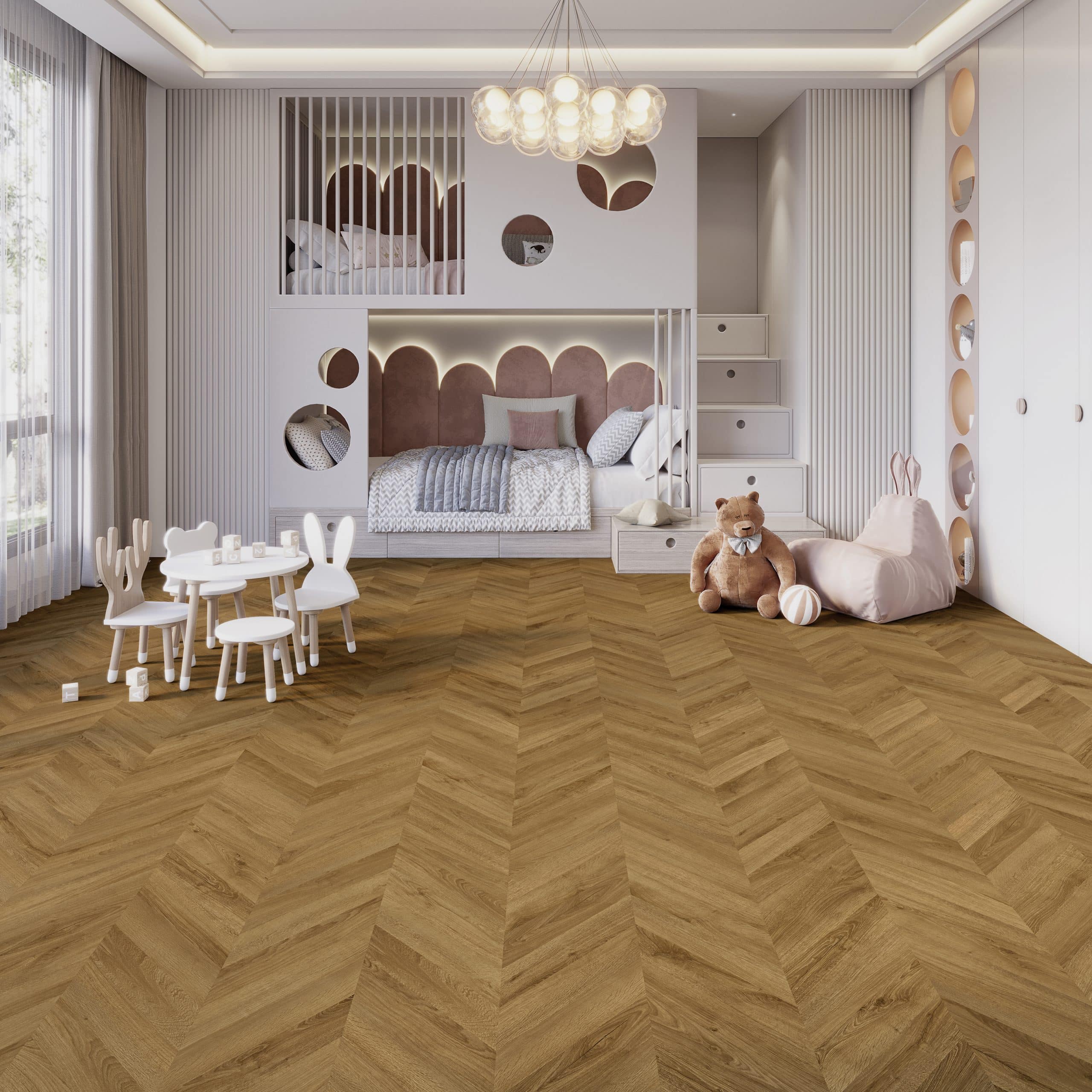 Ein modernes Kinderzimmer mit einem Hochbett, das in sanften Farben gestaltet ist. Der Boden besteht aus einem hölzernen Fischgrätmuster. In der Ecke steht ein kleiner Tisch mit weißen Stühlen in Form von Hasen, während ein großer, weicher Teddy und ein Kissen in Form eines Kaninchens auf dem Boden liegen. Große Fenster lassen viel Tageslicht herein.
