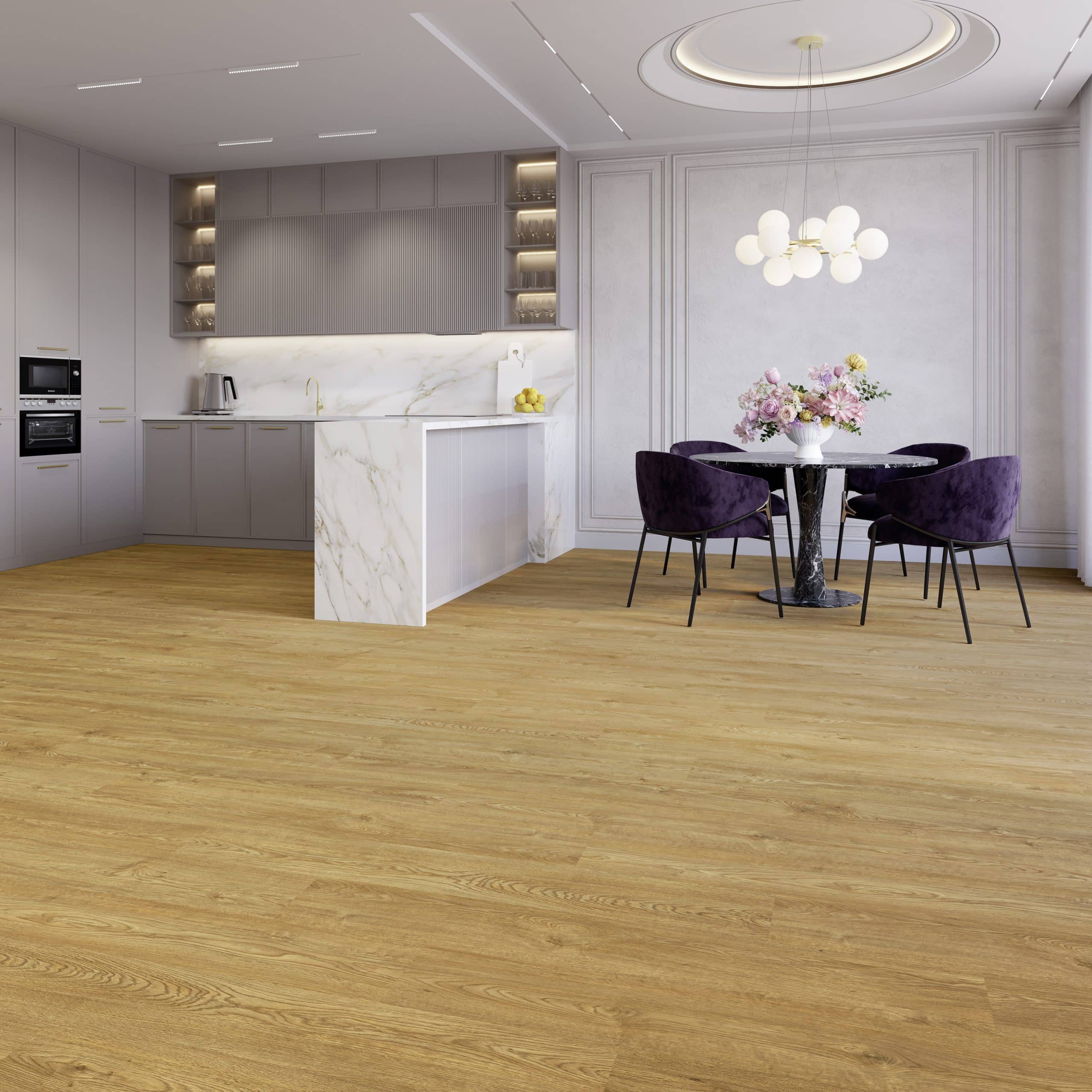 Moderne Küche mit einem eleganten, marmorierten Küchenblock, ausgestattet mit modernen Geräten. Der Boden ist aus hellem Holz, während der Essbereich mit einem runden Tisch und lila Stühlen gestaltet ist. Eine Blumenvase mit frischen Blumen steht auf dem Tisch. Die Wände sind in sanften Farbtönen gehalten und durch dekorative Elemente ergänzt.