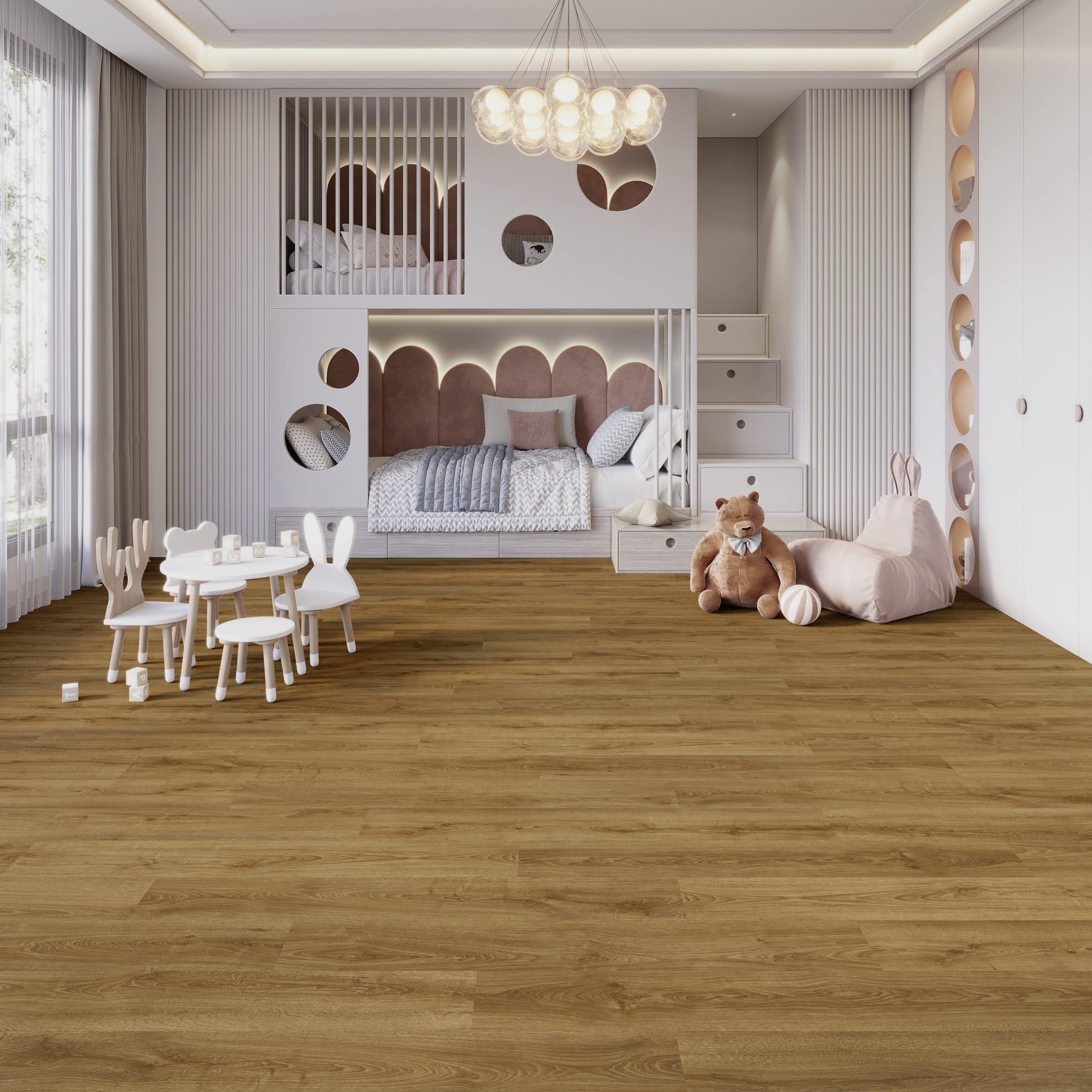 Ein modernes Kinderzimmer mit einem Hochbett, das von einer Wand mit runden Ausschnitten umgeben ist. Darunter befinden sich ein gemütliches Bett und eine Spielzeugkiste. Im Vordergrund steht ein kleiner Tisch mit weißen Stühlen in Form von Hasen. Ein großer, brauner Teddy sitzt auf dem Boden neben einem großen, rosa Kissen. Der Boden ist aus hellem Holz, und große Fenster lassen viel Tageslicht herein.