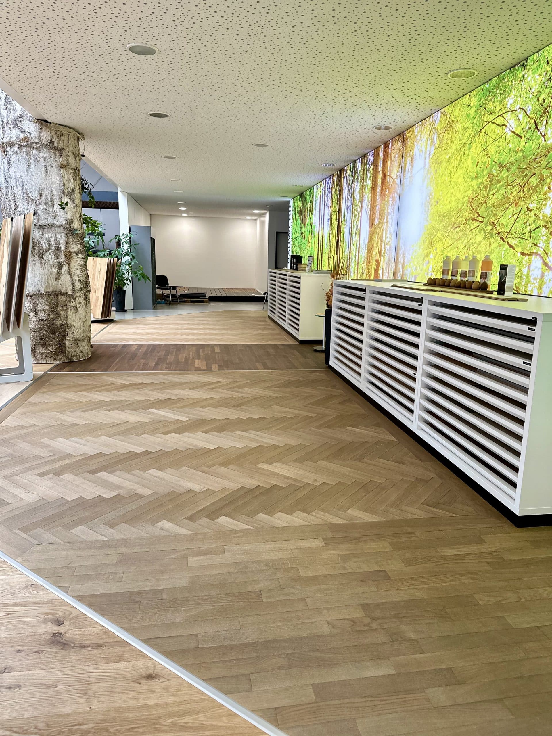 Ein moderner Innenraum mit einem hellen, hölzernen Boden in Fischgrätmuster, weißen Regalen an der Wand und einer lebendigen Wandgestaltung mit einem Waldmotiv. Grüne Pflanzen sind im Raum verteilt, und es gibt eine gemütliche Atmosphäre.