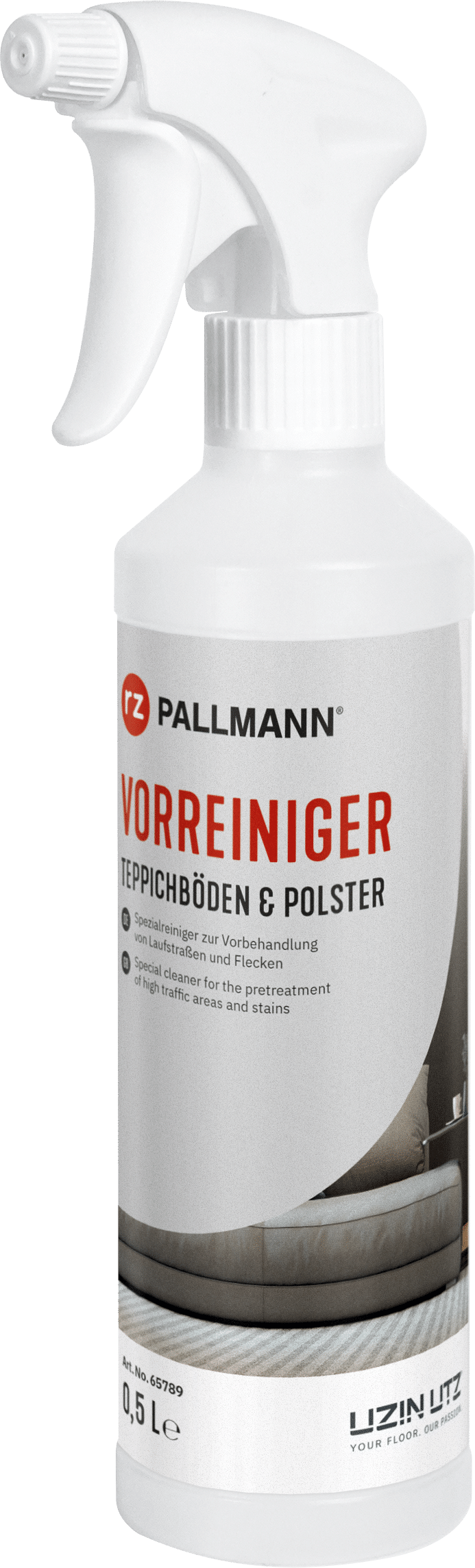 Sprayflasche mit Teppich- und Polsterreiniger, 0,5 Liter, weißes Design mit rotem und schwarzem Text, geeignet zur Vorbehandlung von Laufstraßen und Flecken.