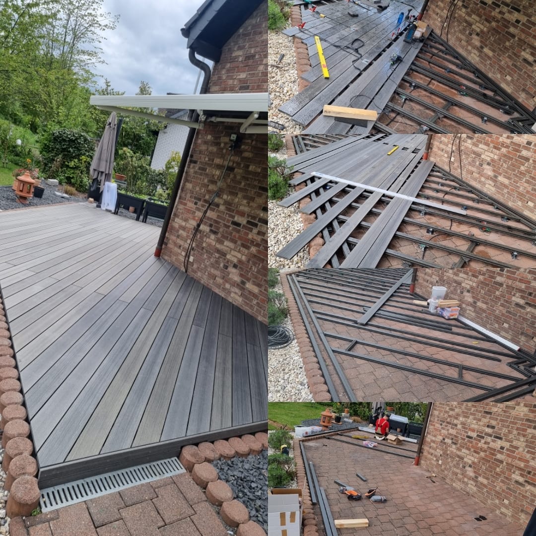 Blick auf eine teilweise fertiggestellte Terrasse mit Holzbelag, umgeben von einem Garten. In der oberen linken Ecke ist die fertige Fläche zu sehen, während die anderen Bilder die Materialien und Werkzeuge zeigen, die für den Bau verwendet werden.